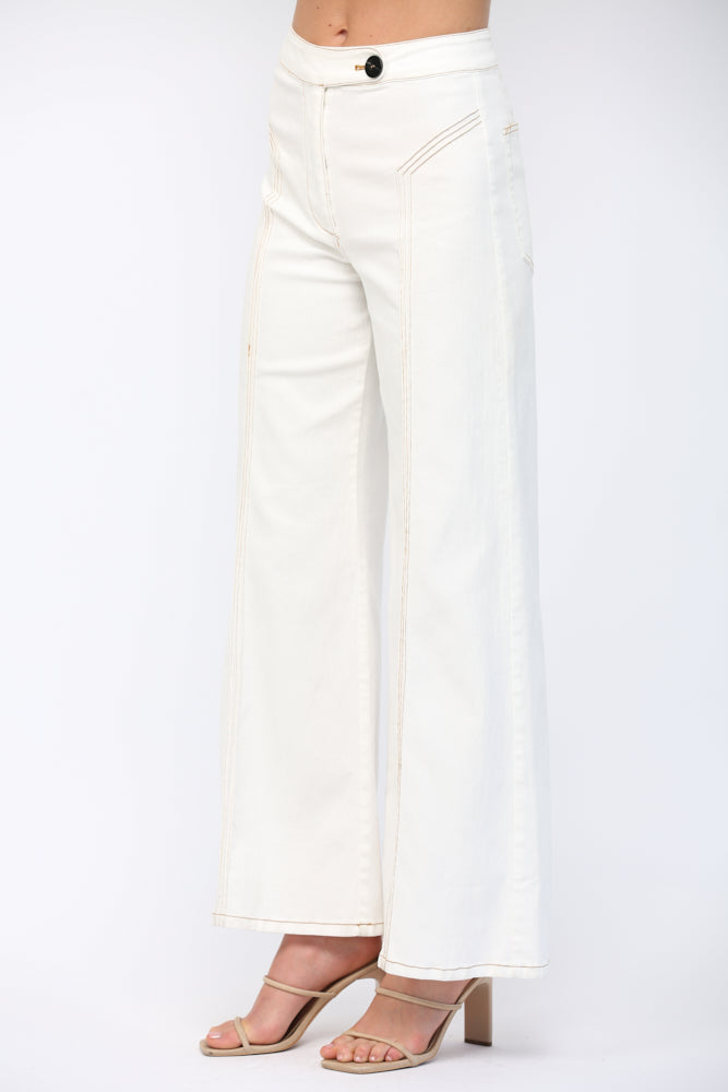 Contrast Stitch Triple Pintuck High Waist Flare Pants Cream