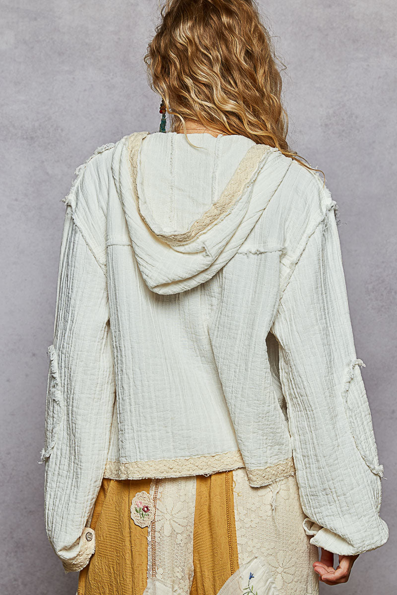 Balloon Sleeve Raw Lace Edge Gauze Hoodie Jacket Off White