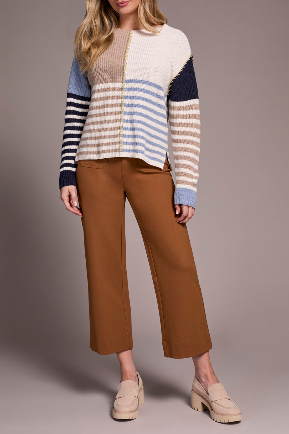 Mix Stripe Colorblock Stitch Detail Sweater Sandstone