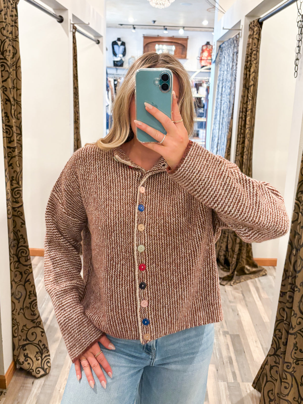 Colored Buttons Two Tone Mock Neck Cardi Brown Taupe