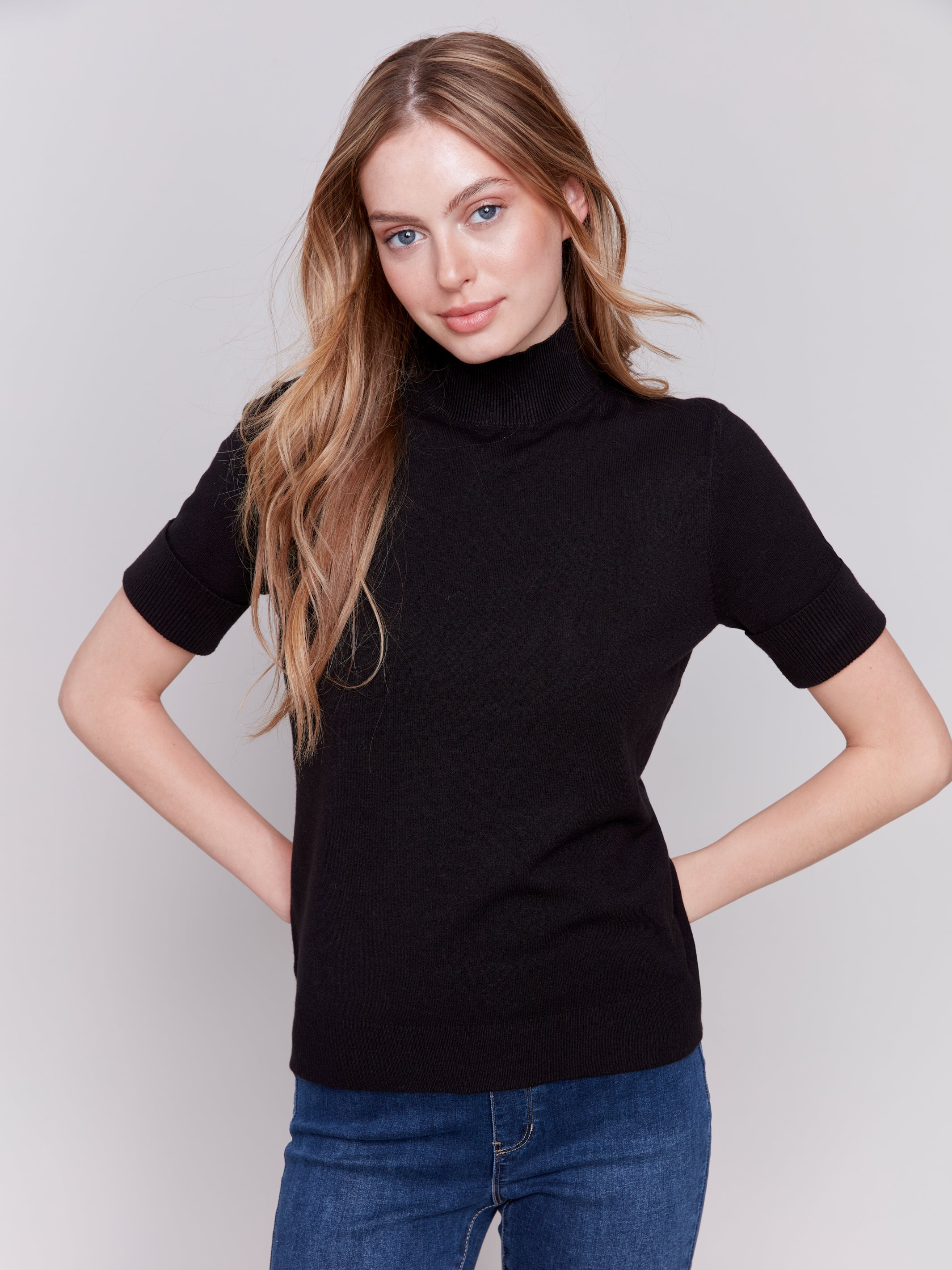 Mock Neck Basic Short Sleeve Top Black
