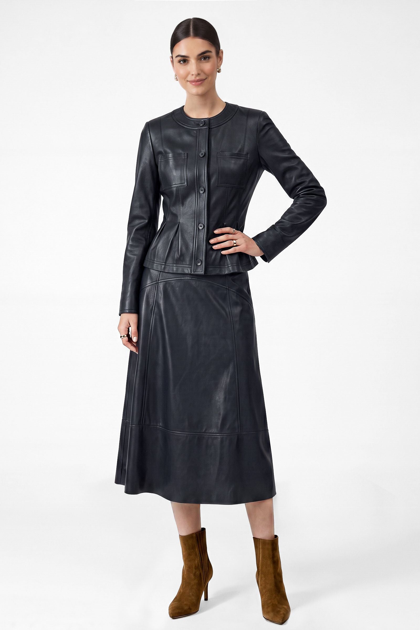 Leather Pleated Peplum Jacket Navy