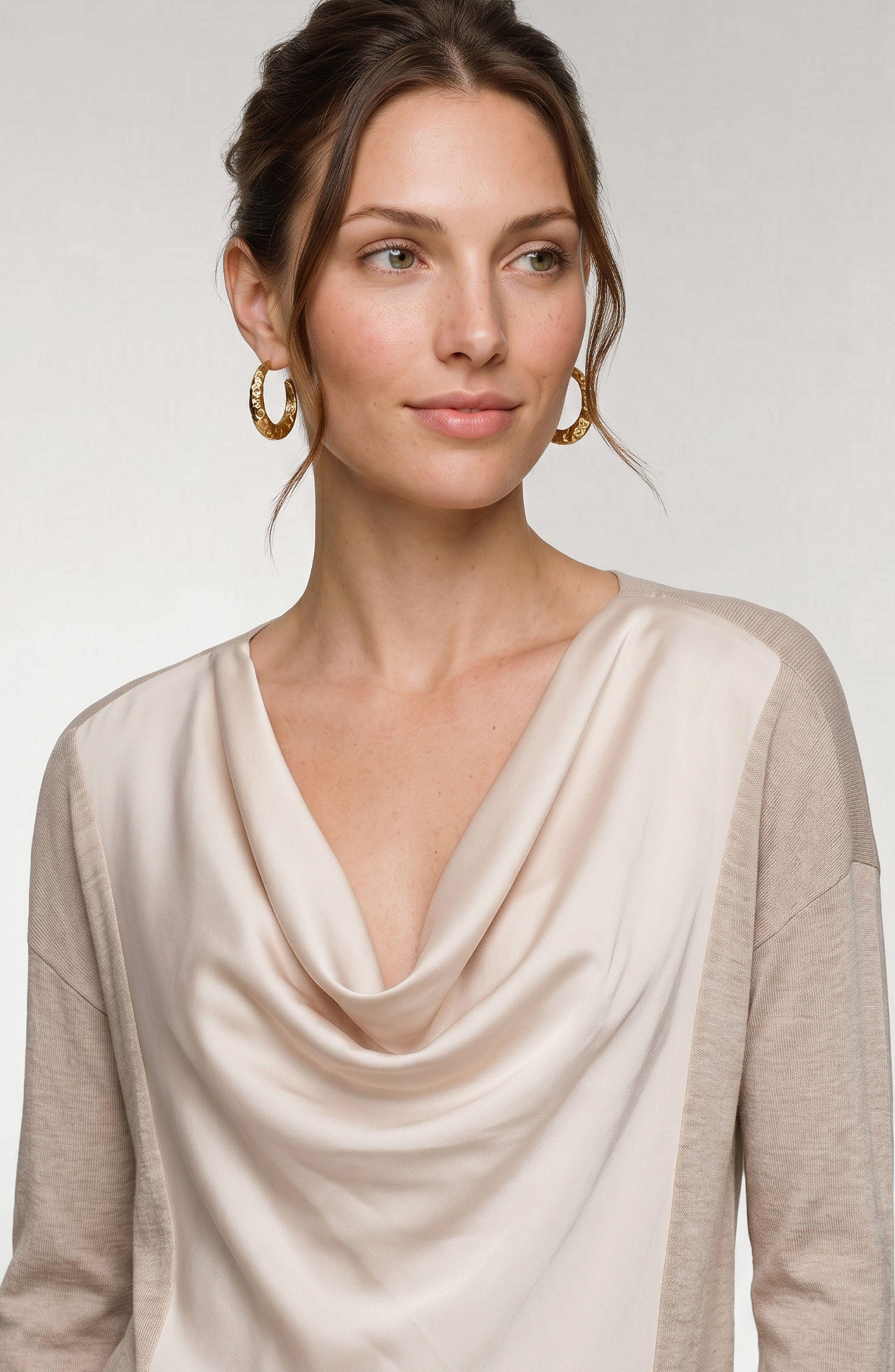 Long Sleeve Satin Drape Neck Woven Back Top Champagne Melange