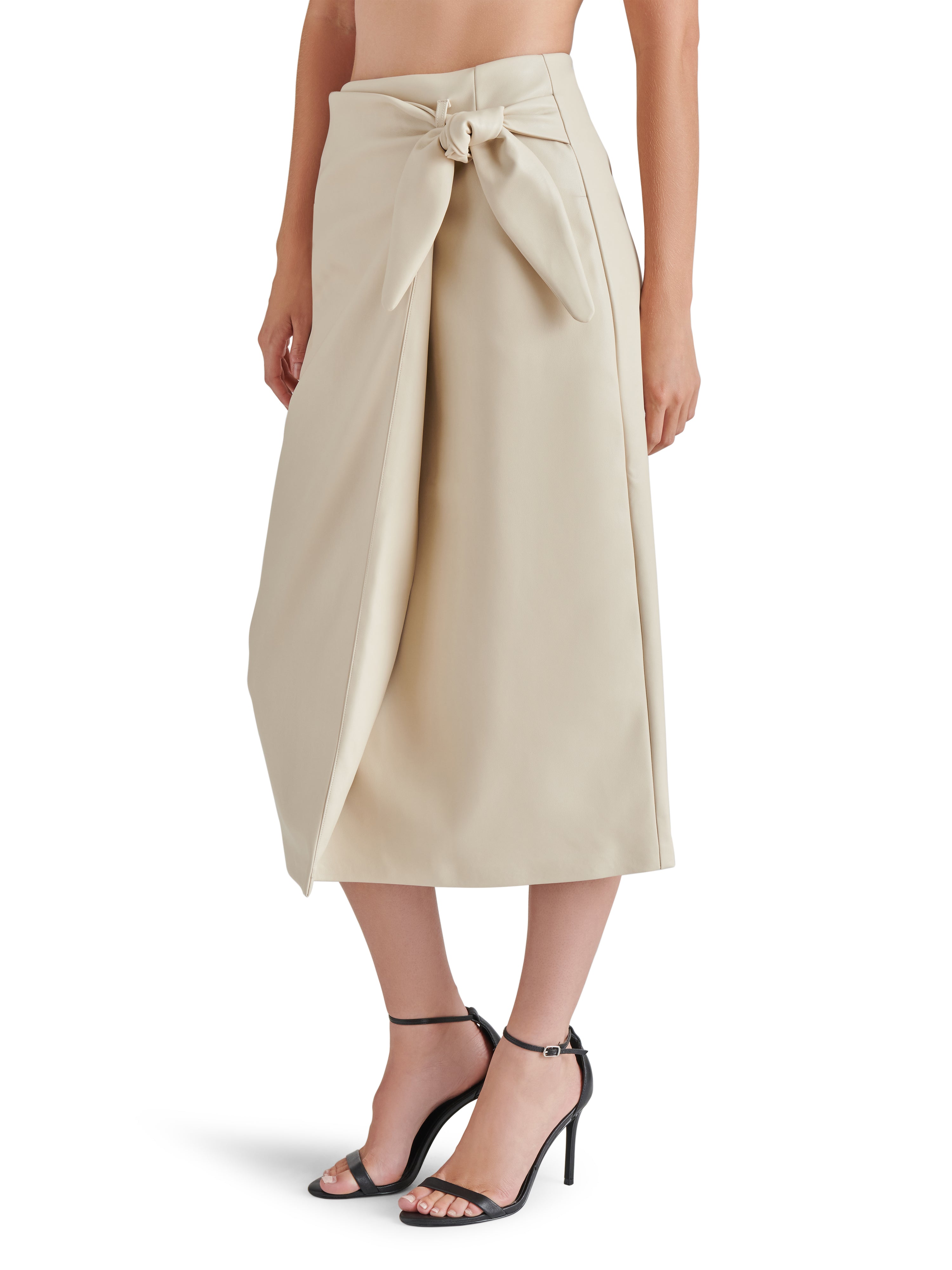 Navia Side Tie Midi Leather Skirt Bone