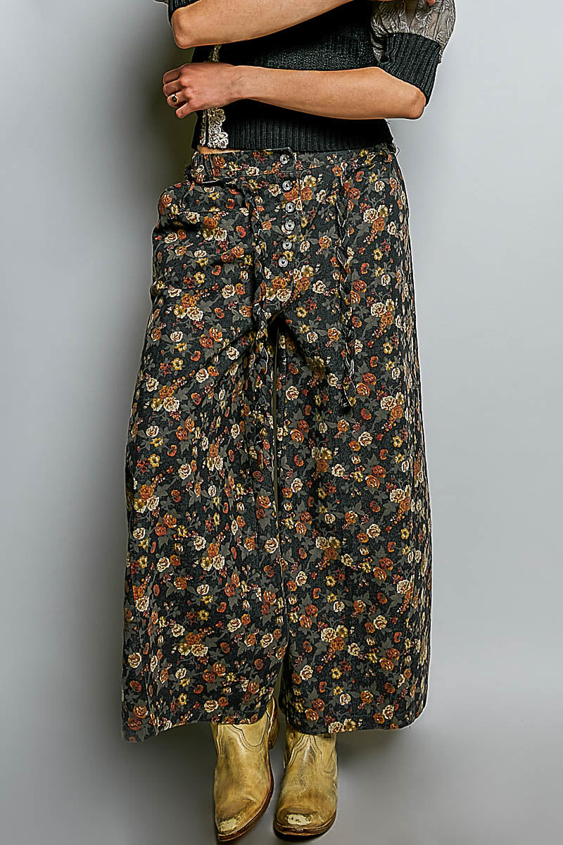Jacquard Mini Rose Floral Braided Belt Pants Black Floral
