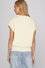 Drop Shoulder Embroidered Short Sleeve Sweater Cream