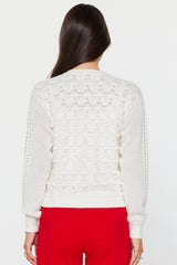 Multi Knit Patterns Flower Button Cardigan White