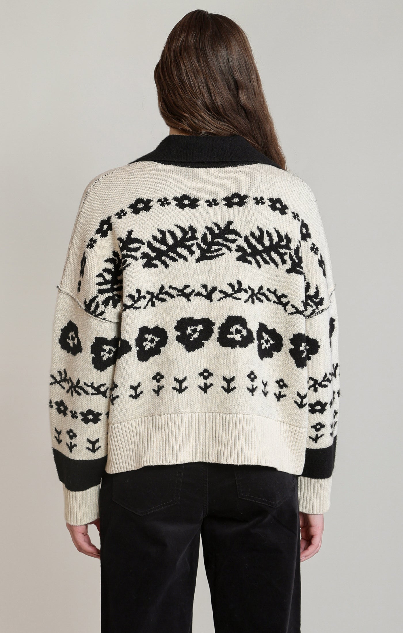 Floral Jacquard Buttoned Cardigan Ivory + Black