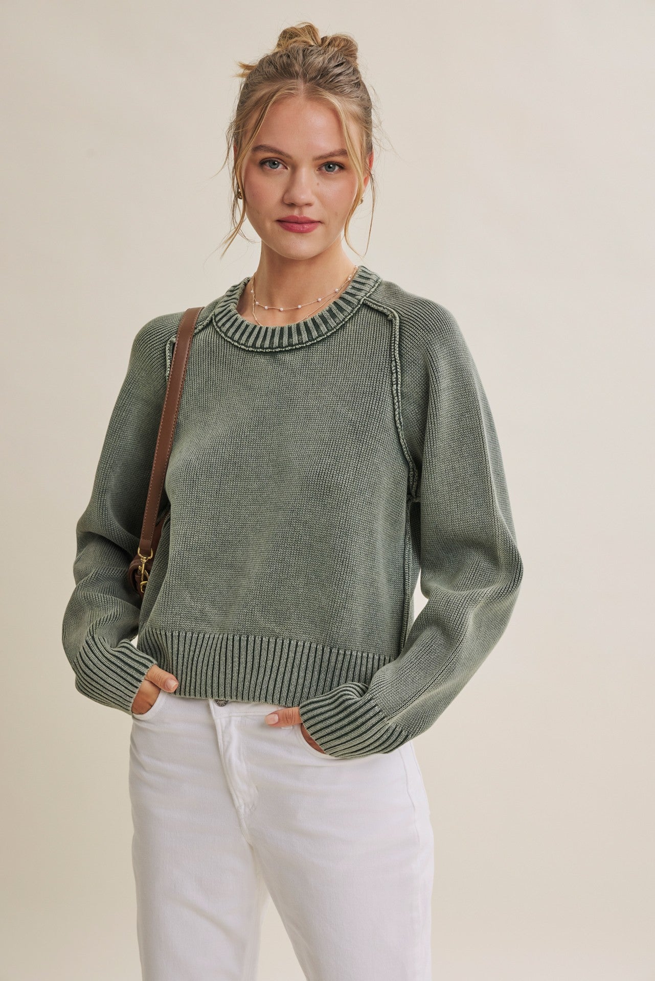Vintage Mineral Washed Cotton Sweater Washed Olive