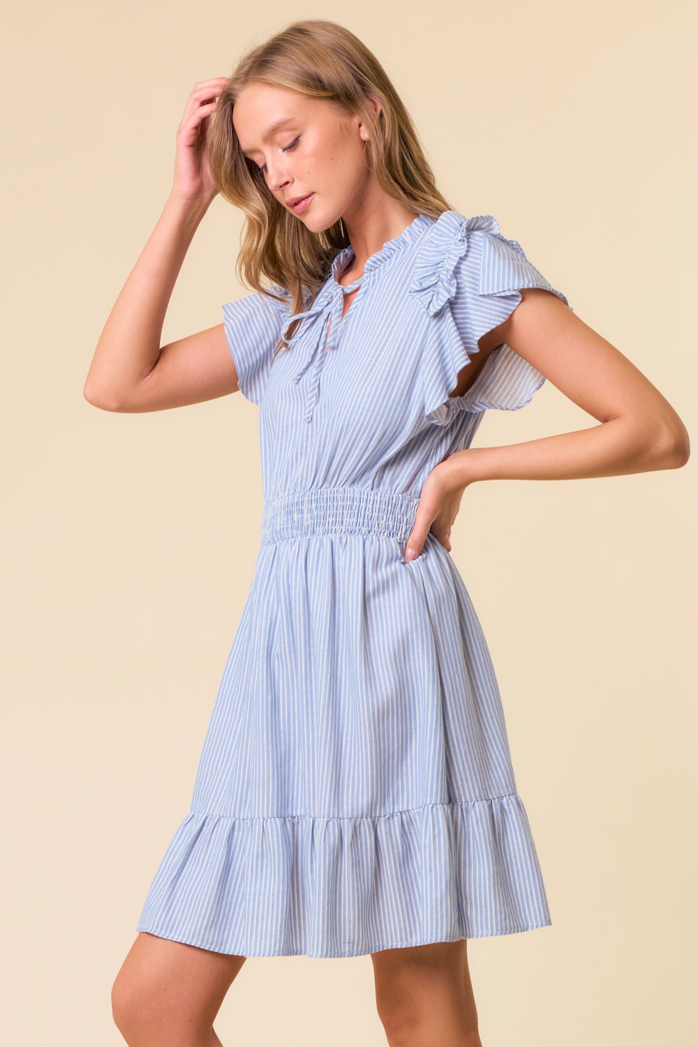 Stripe Ruffle Split Vneck Smocked Dress Blue + White