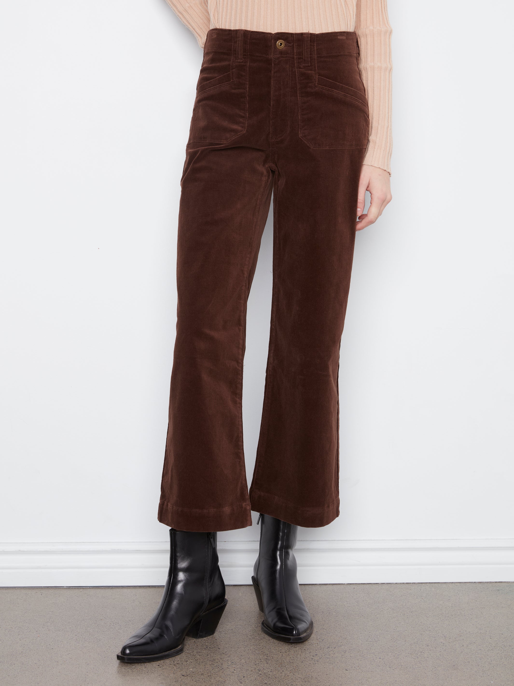 Cropped Wide Leg Patch Pocket Corduroy Pants Coffee