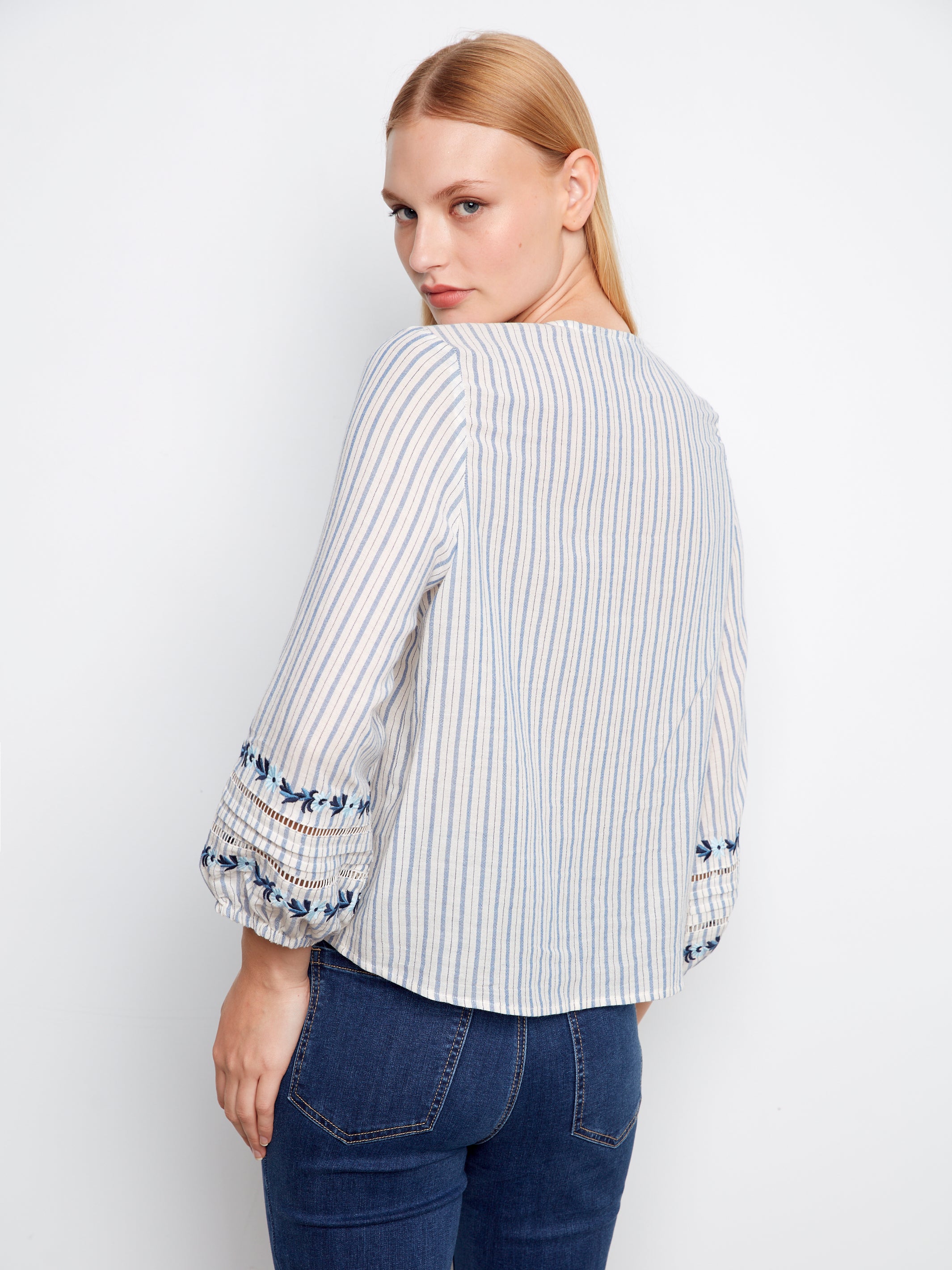 Yarn Dyed Stripe Tie Front Embroidered Blouse Lapis