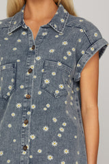Daisy Print Denim Button Down Shirt Dress Denim Blue