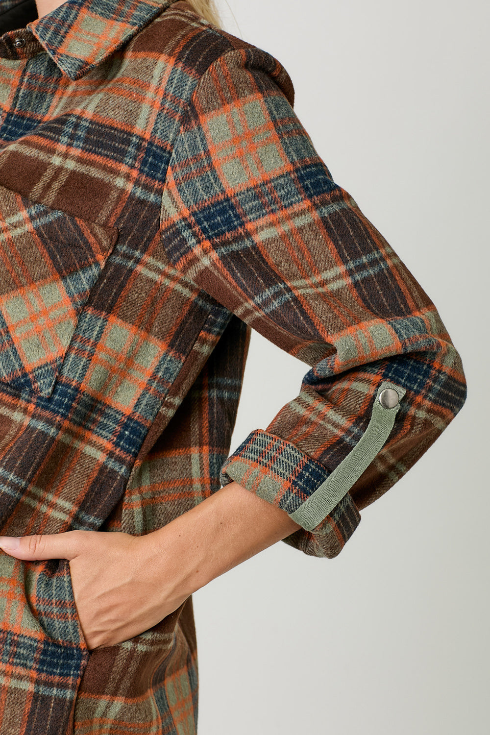 Rolled Tab Sleeve Plaid Shacket Chocolate
