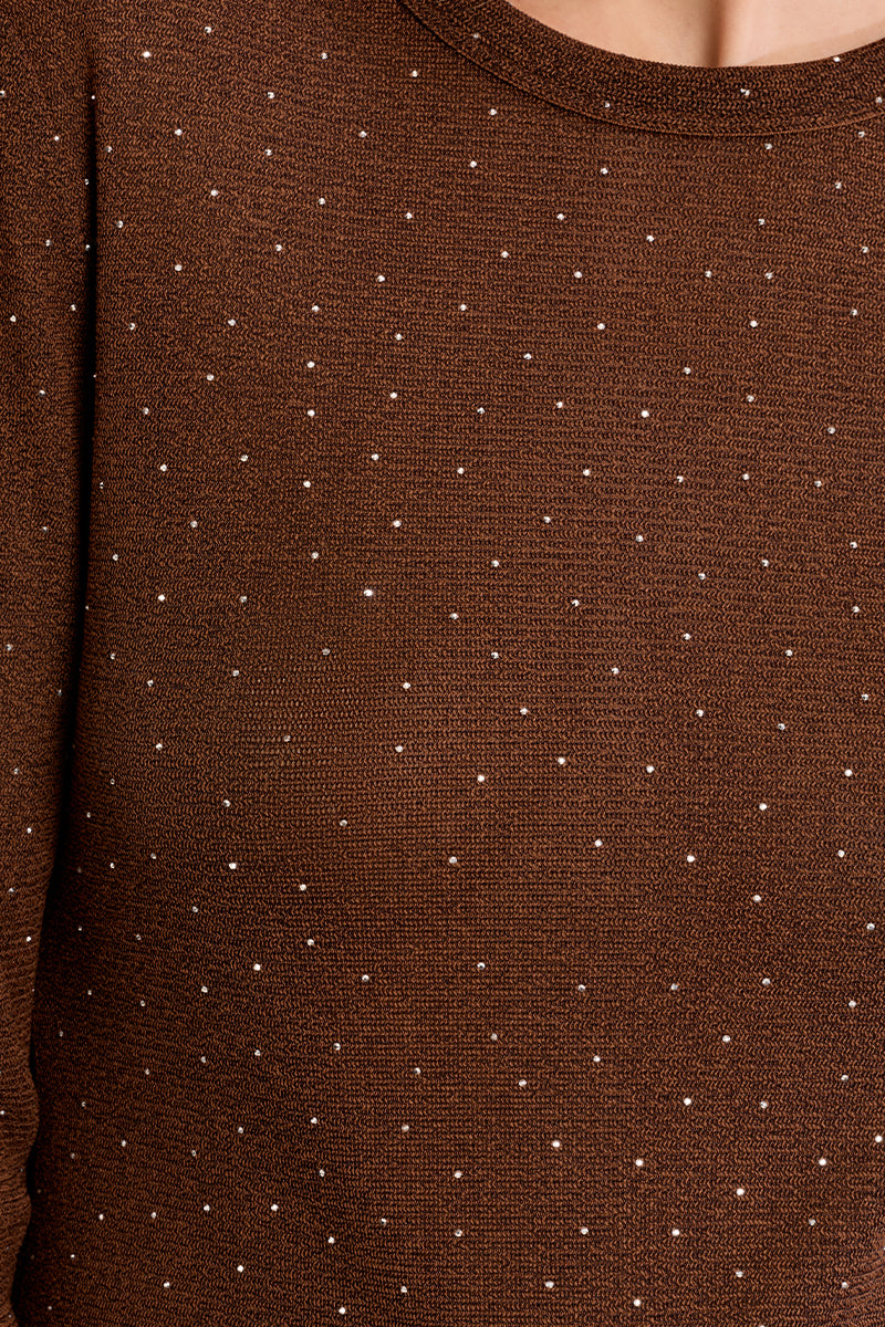 Crystal Studded Knit Long Sleeve Top Chocolate