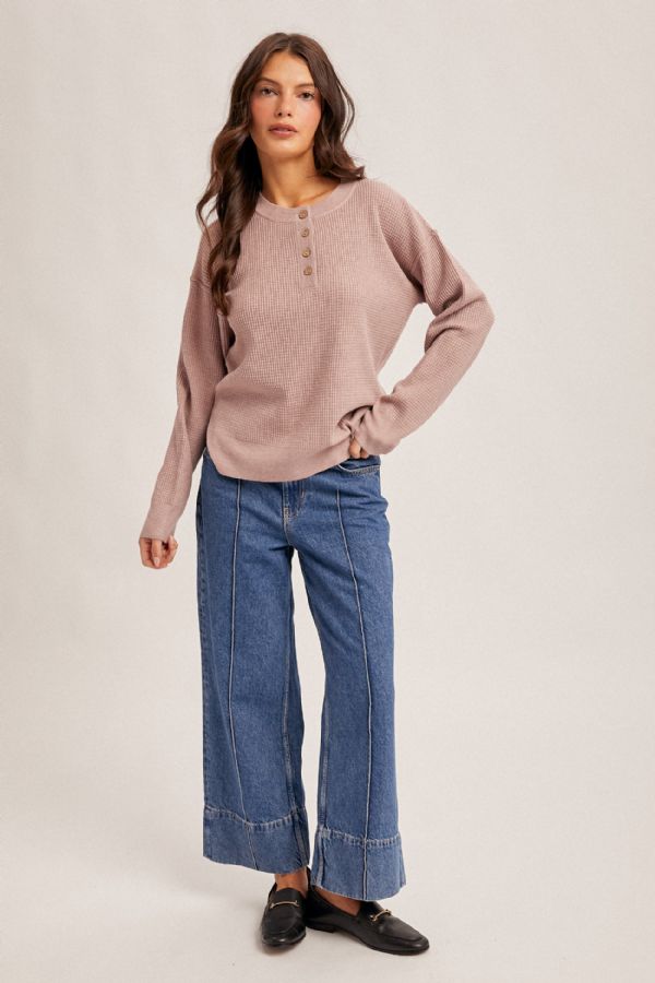 Side Slit Waffle Sweater Button Up Mauve
