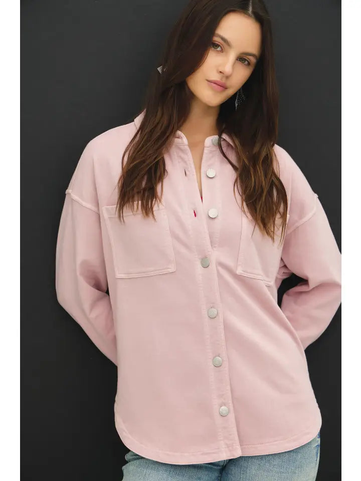 Knit Denim Wash Oversize Shacket Dusty Pink