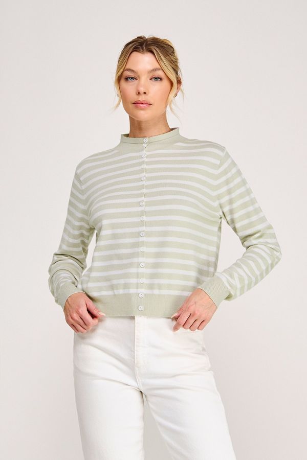 Striped Subtle Mock Neck Cardigan Soft Gray Stripe