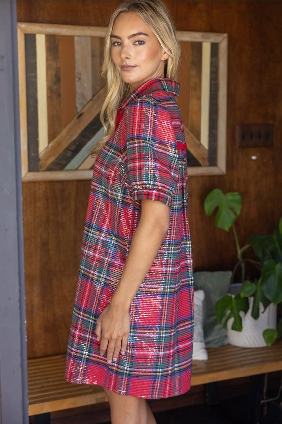 Tartan Plaid Sequin Puff Sleeve Dress