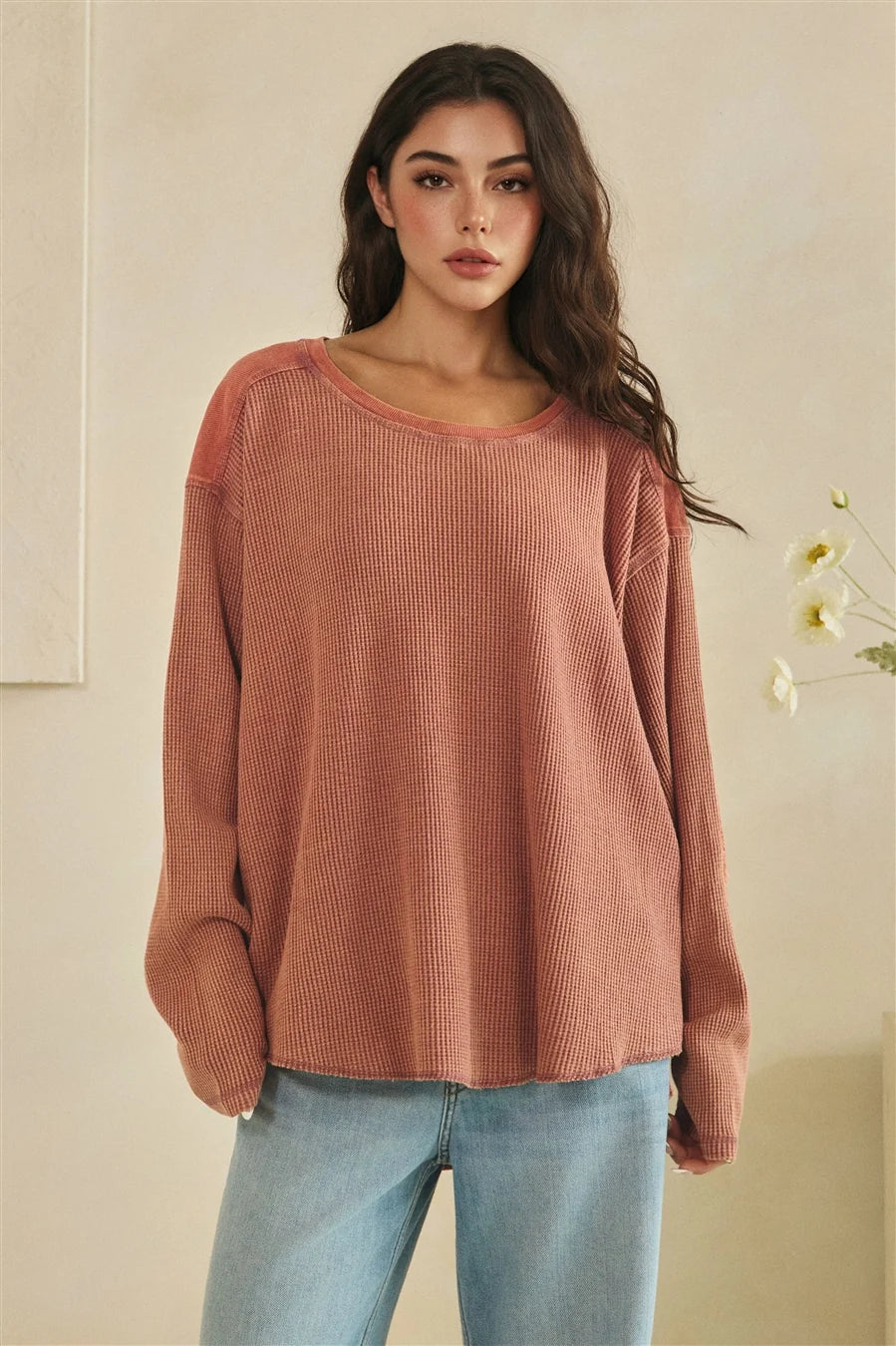 Oversize Waffle Knit Top Marsala