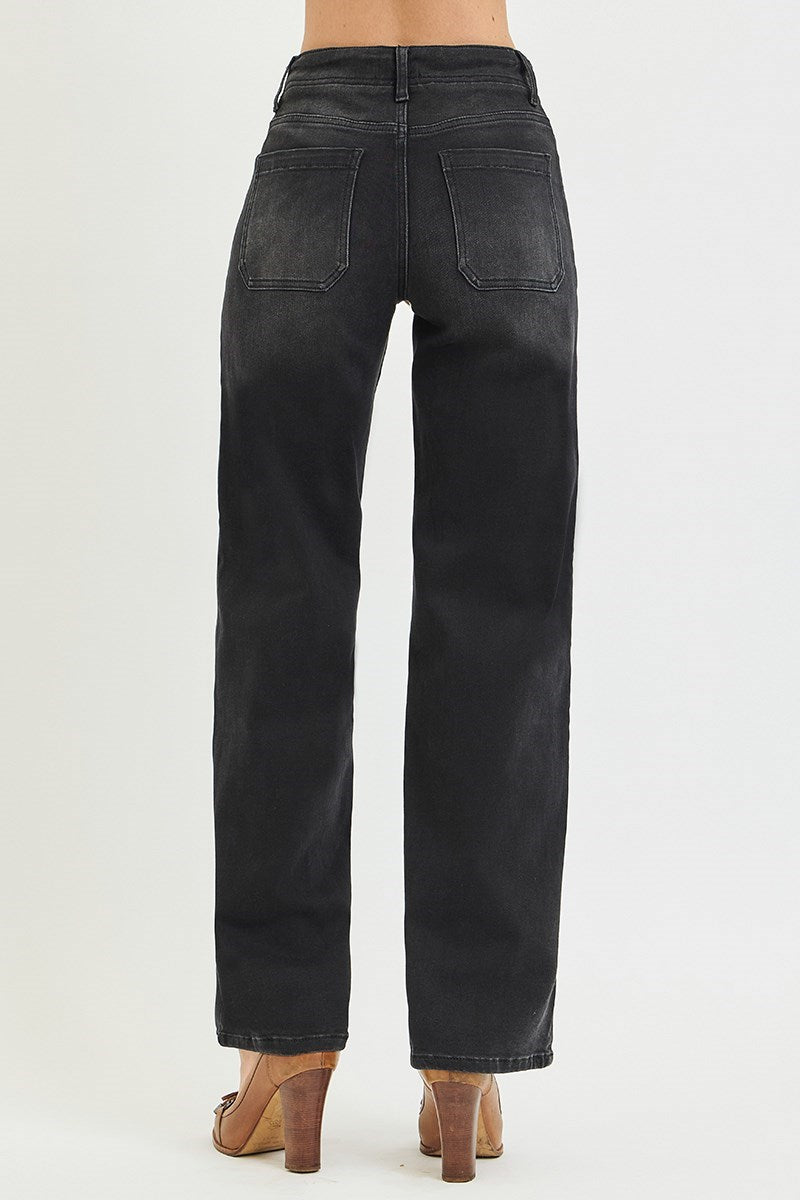 Tied Waistband High Rise Wide Baggy Jeans Washed Black