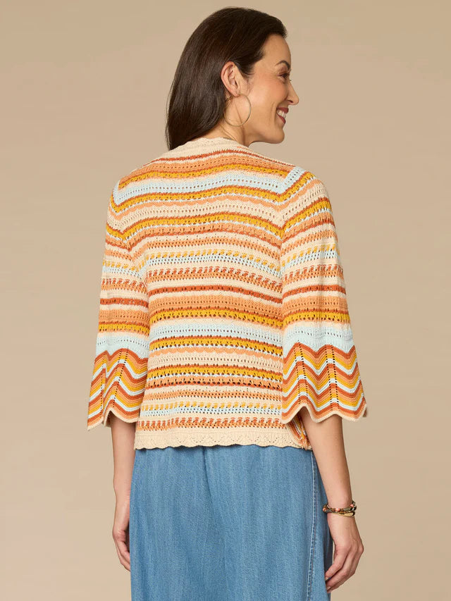 3/4 Bell Sleeve Multi Color Crochet Stripe Sweater Honey + Airy Blue Multi