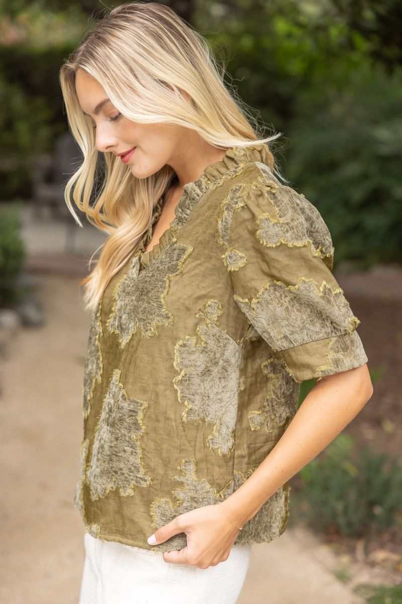 Ruffle Vneck Vintage Burnout Velvet Top Olive
