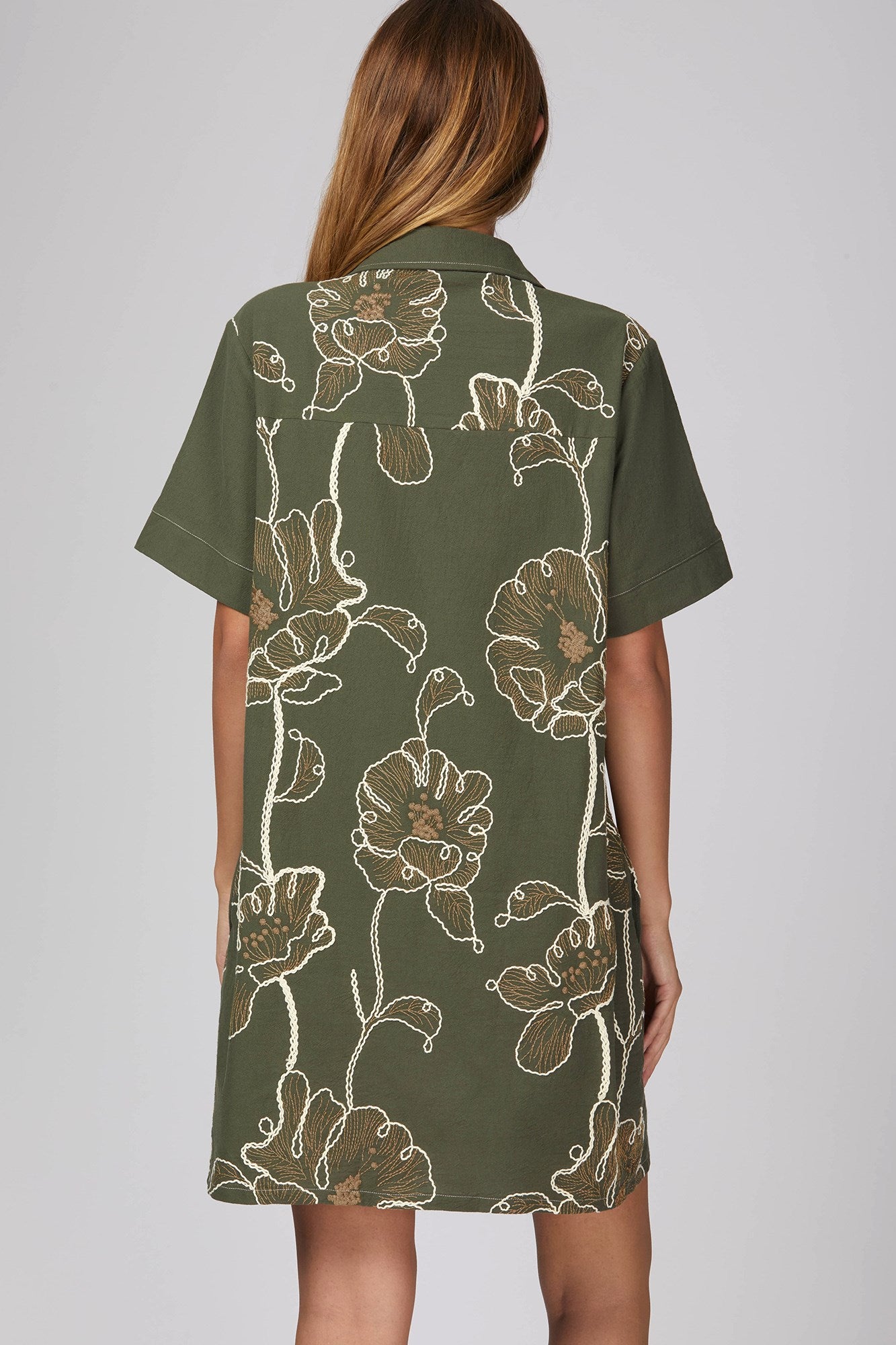 Short Sleeve Embroidered Floral Collared Button Dress Olive