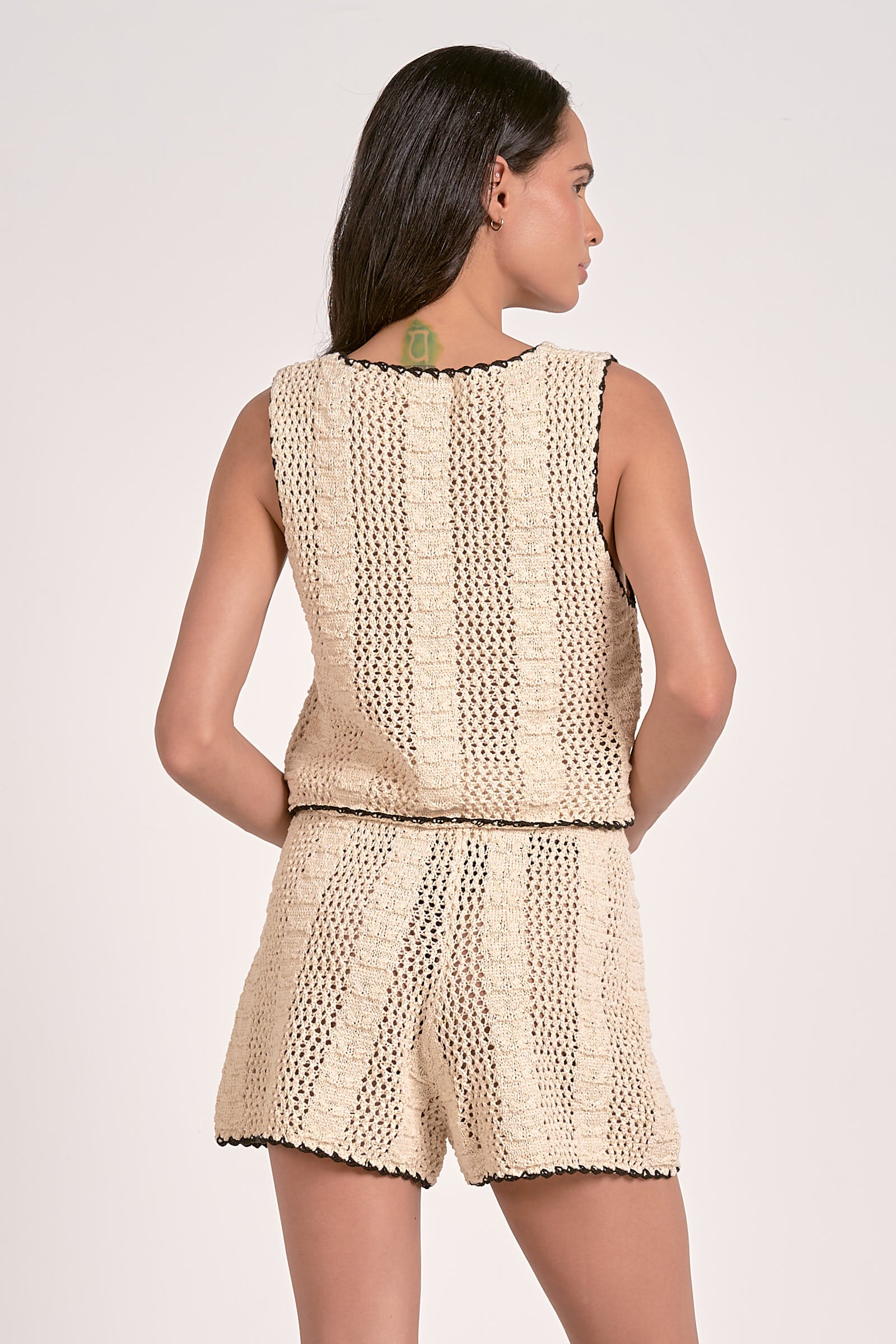 Double Tie Front Crochet Knit Tank Vest Natural Black Border