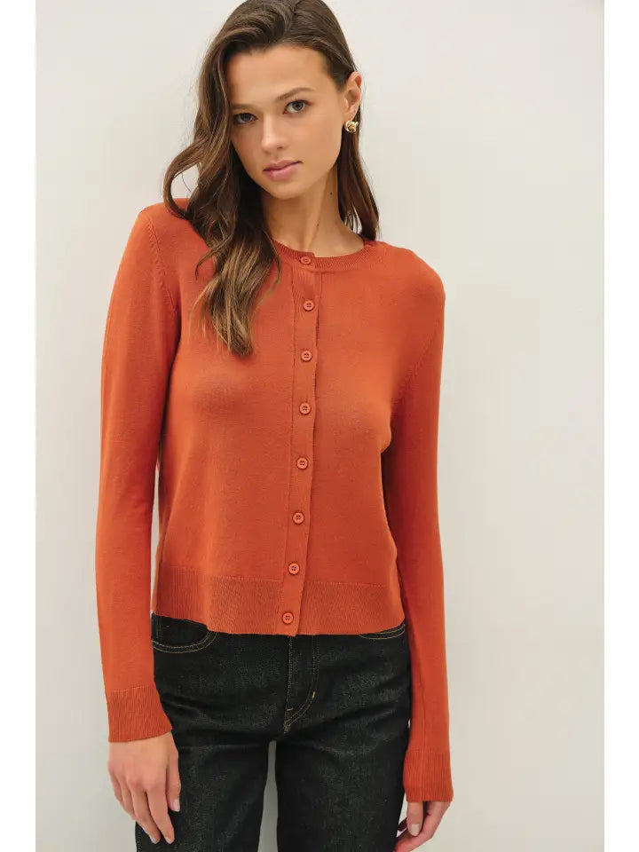 Ultra Soft Button Up Crew Neck Cardigan Rust