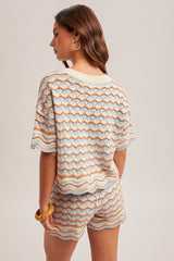 Multi Scallop Stripe Short Sleeve Open Knit Sweater Blue + Taupe