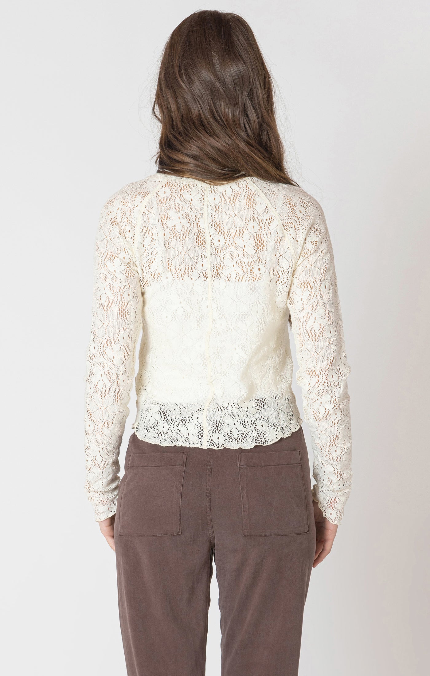 Exposed Seam Lace Lettuce Hem Top Natural