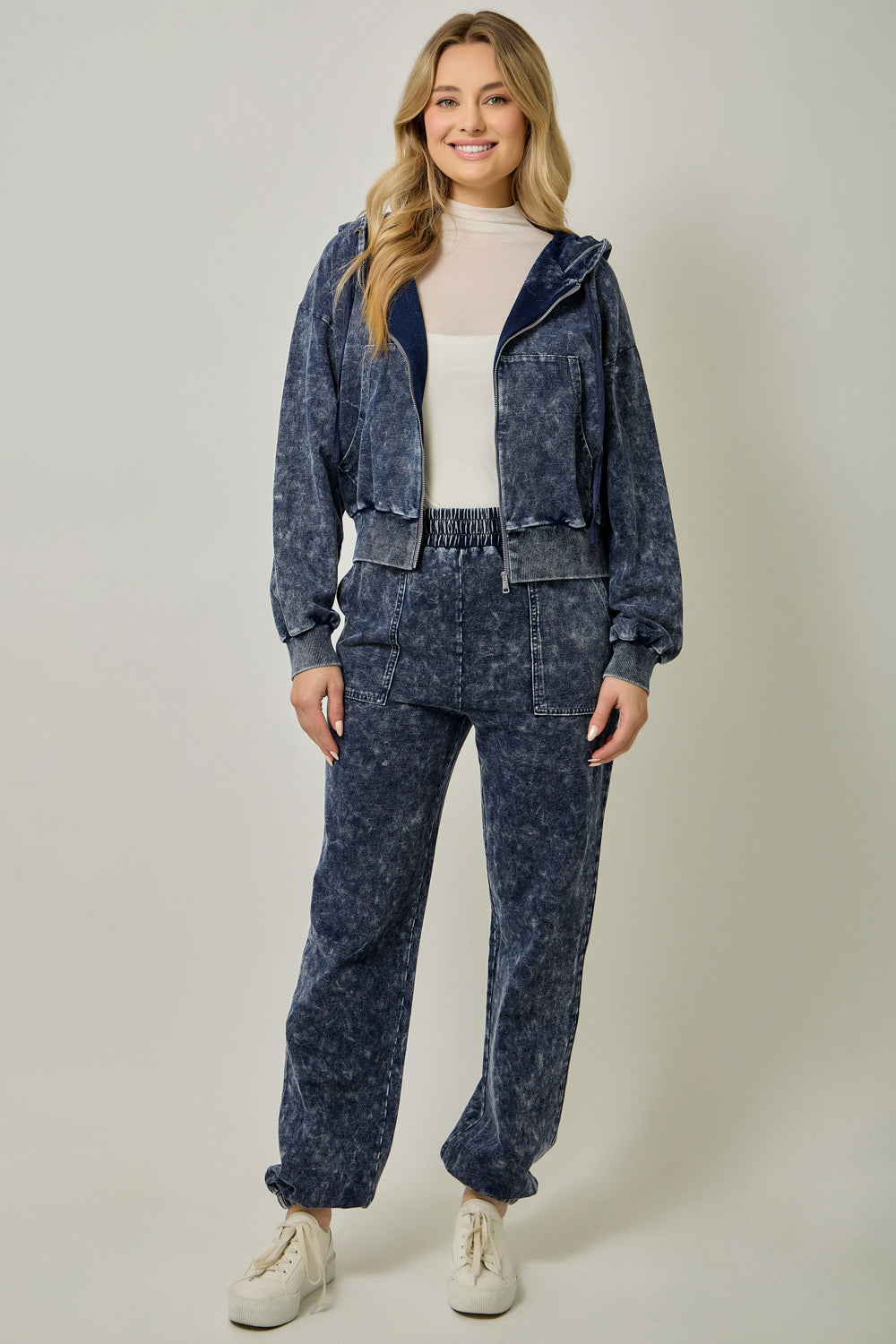 Washed Knit Denim Hoodie Zip Jacket