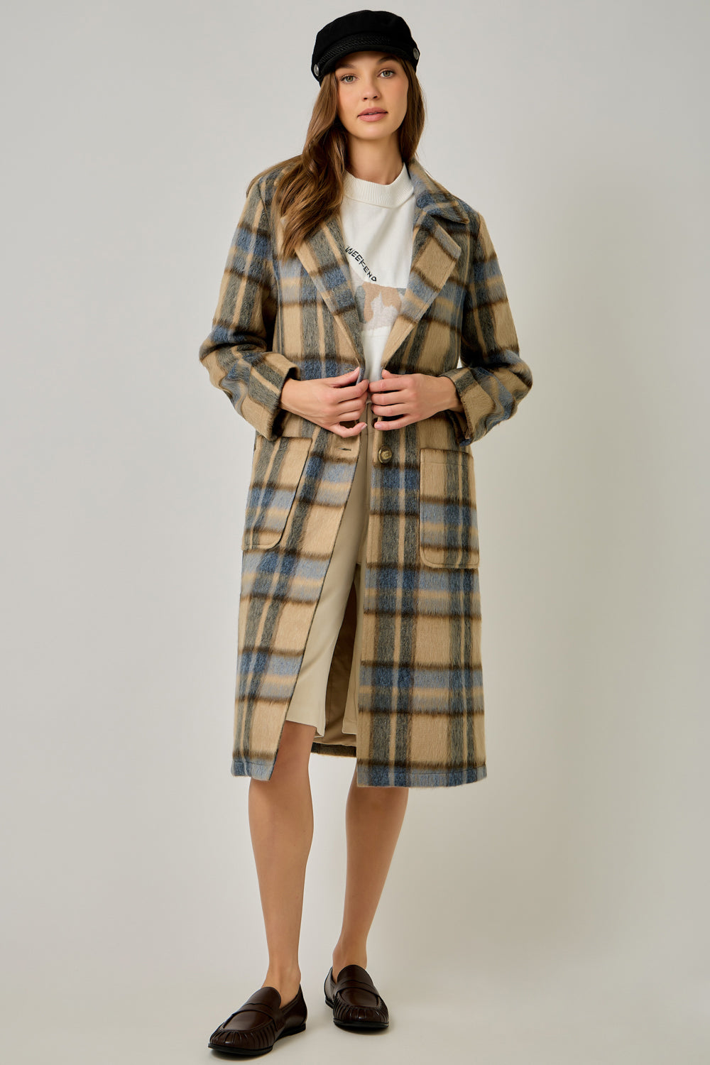 Brushed Plaid Long Coat