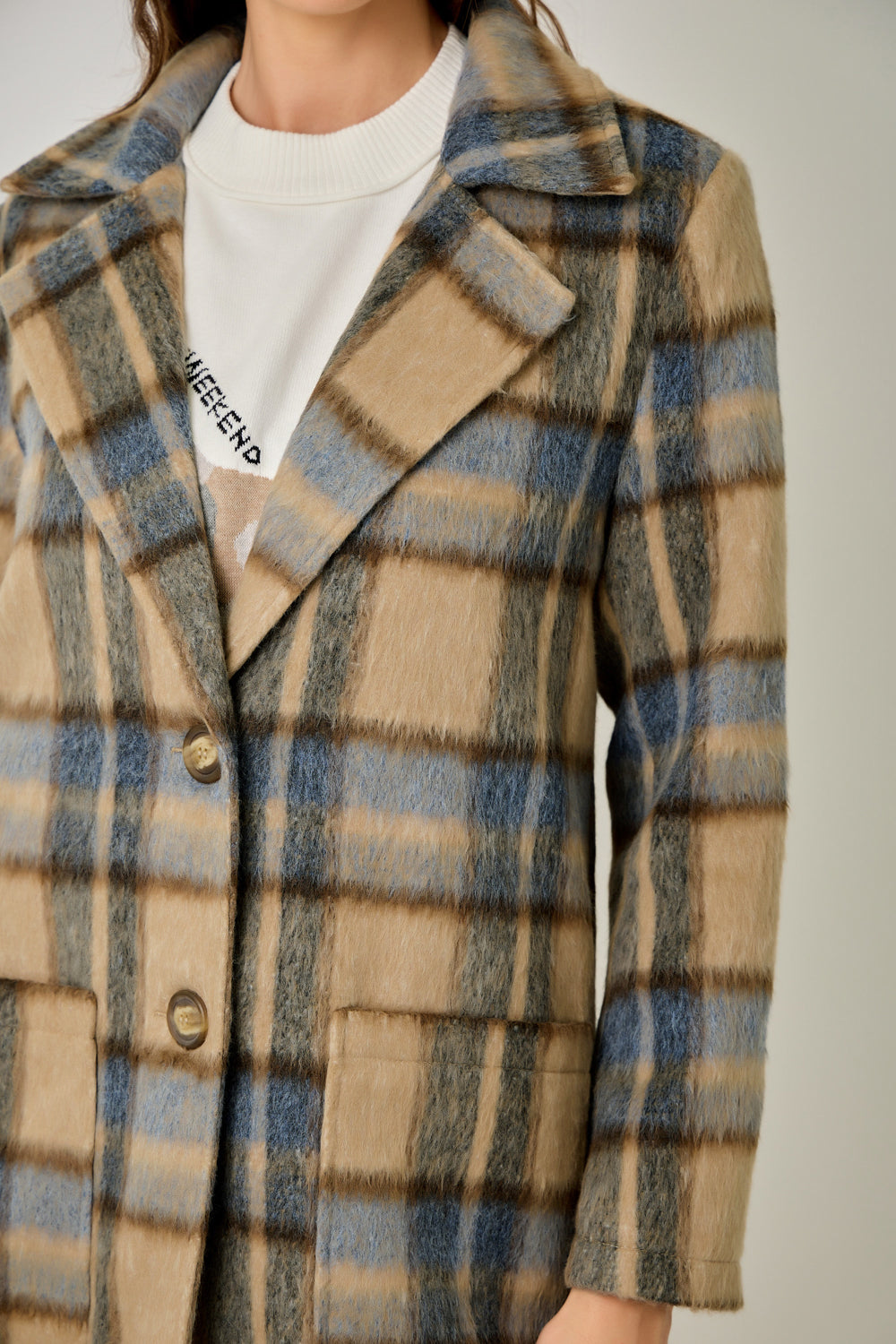 Brushed Plaid Long Coat