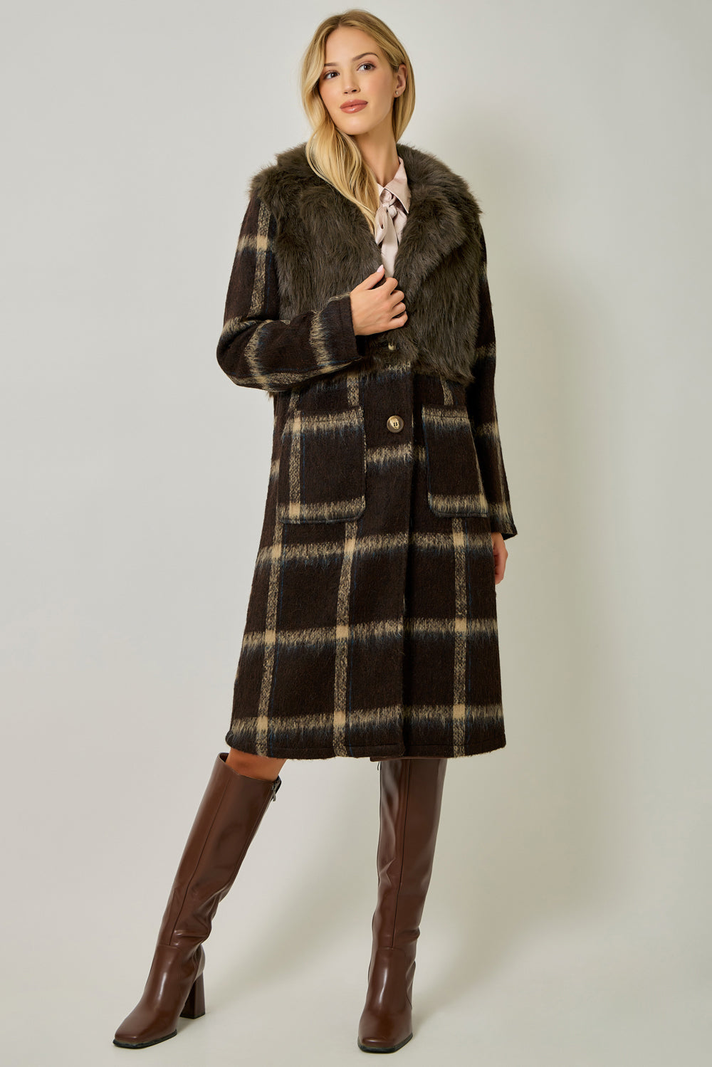 Fur Plaid Mix Media Long Coat
