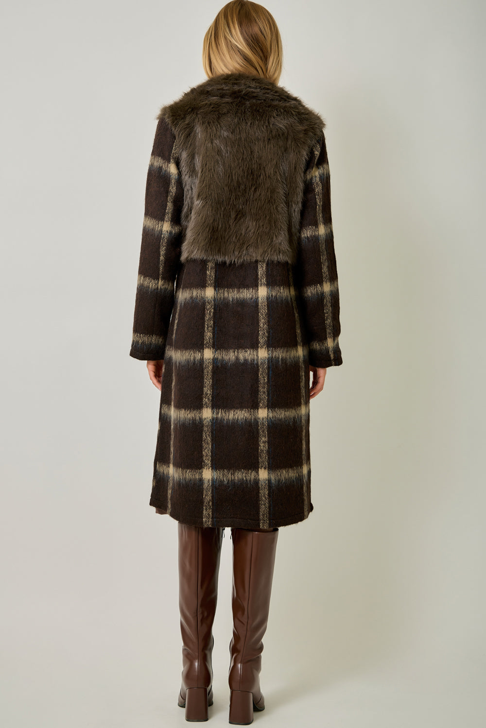 Fur Plaid Mix Media Long Coat