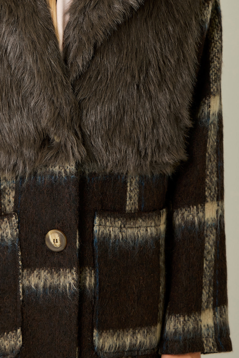 Fur Plaid Mix Media Long Coat