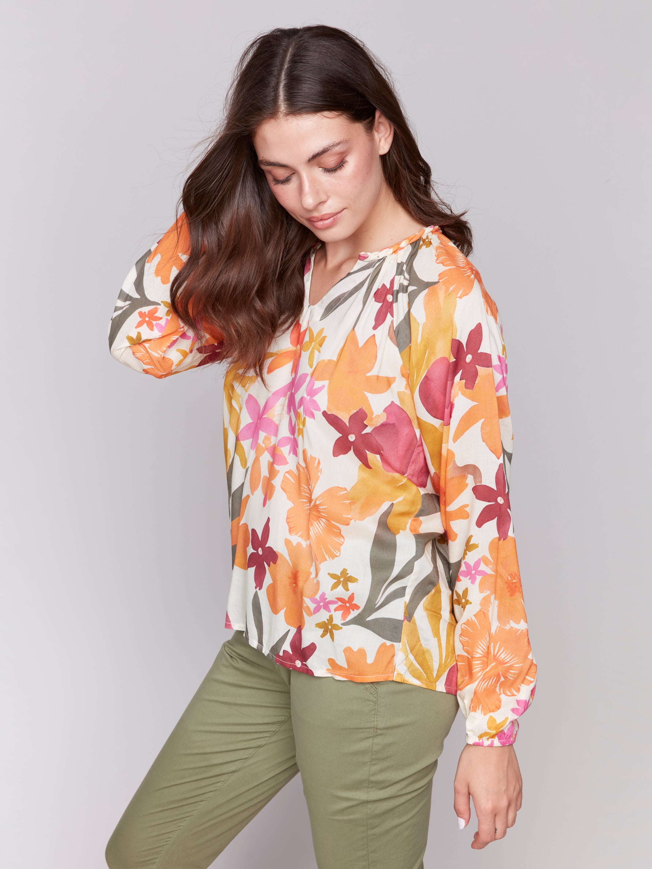 Printed Raglan Sleeve Popover Blouse Bouquet
