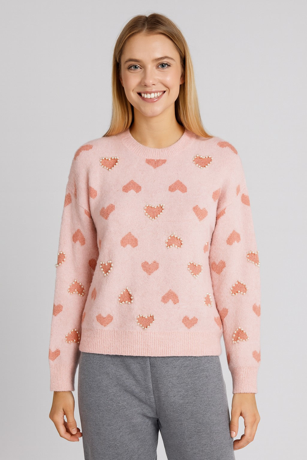Beaded Hearts Pullover Pink