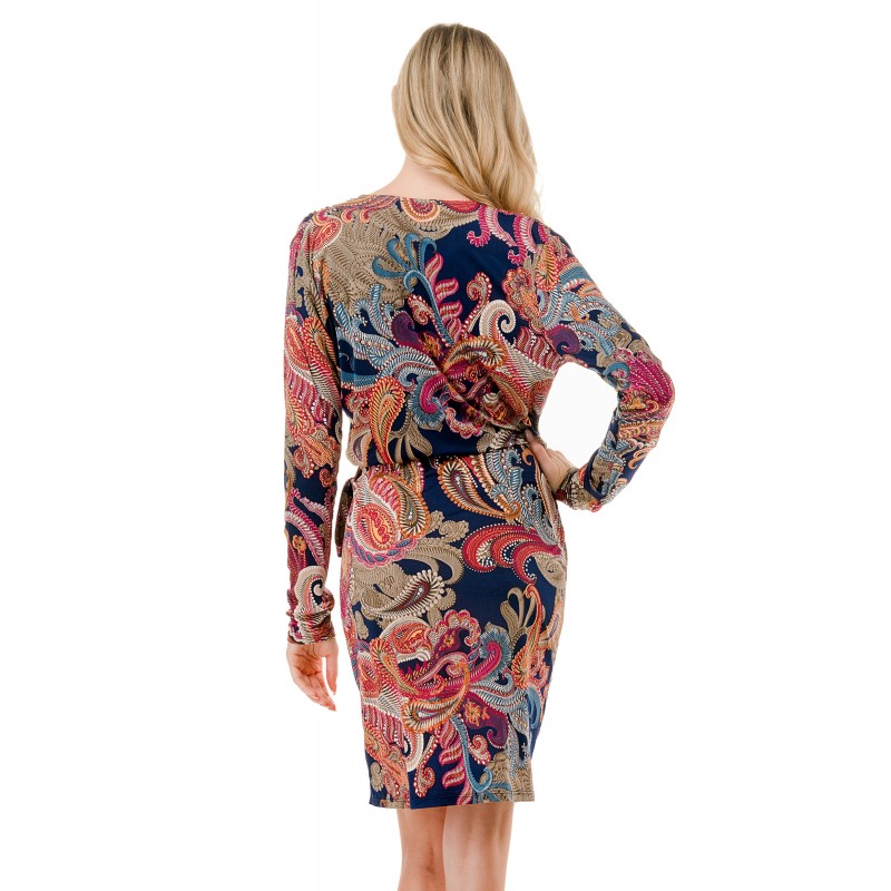 Long Sleeve Side Tie Wrap Dress Navy Paisley