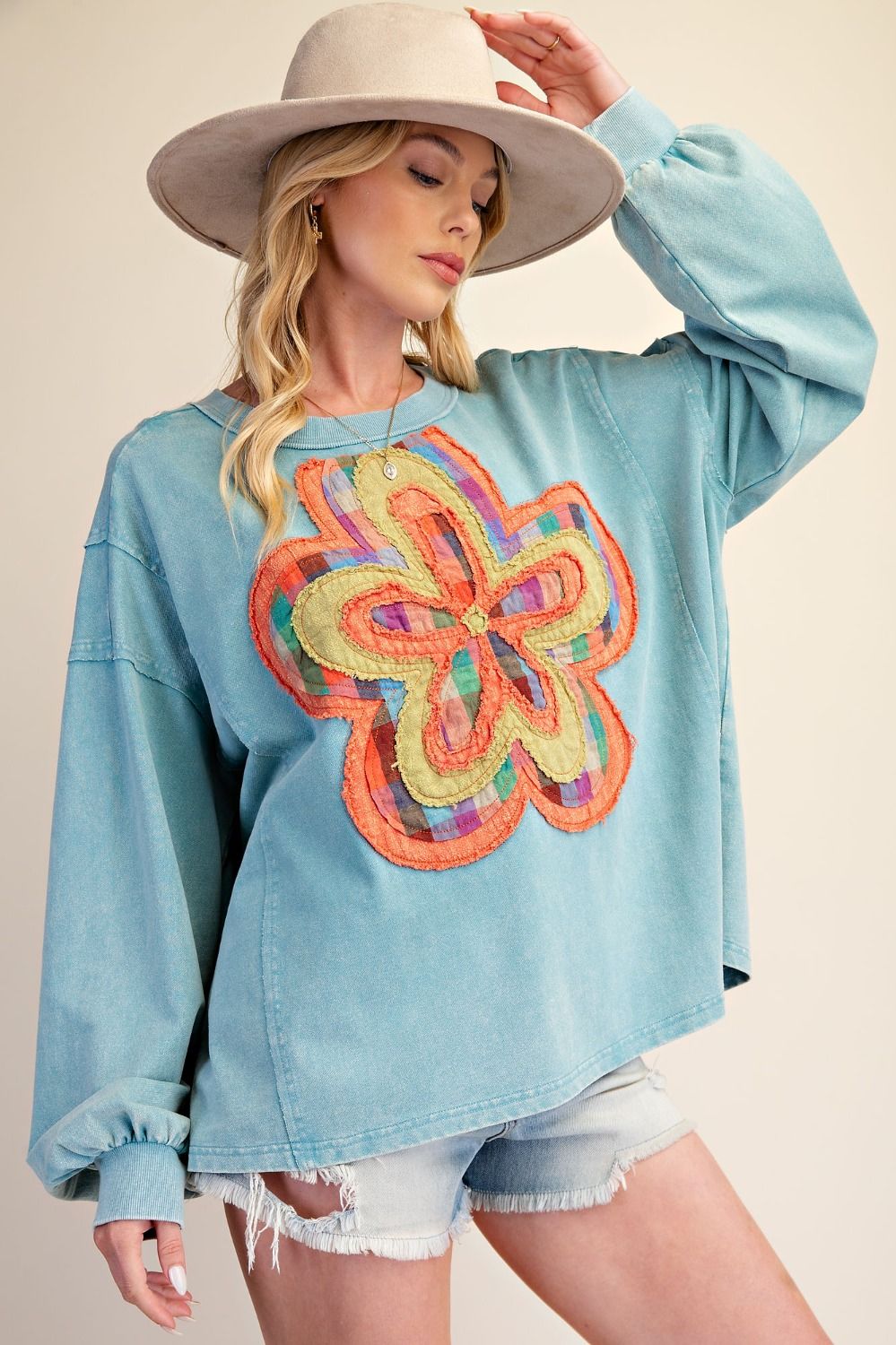 Plaid Floral Patch Pullover Dusty Blue