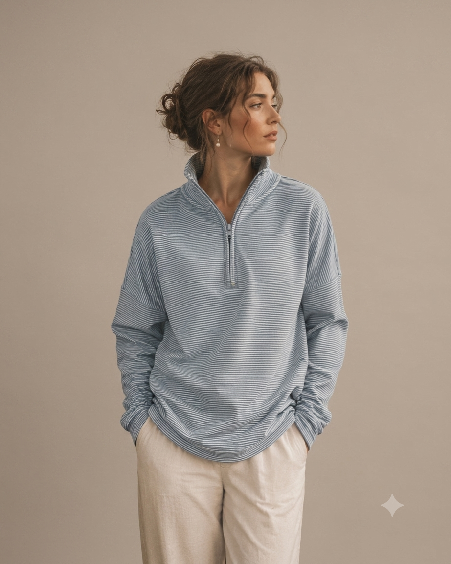 Striped Half Zip Up Knit Pullover Misty Blue + White