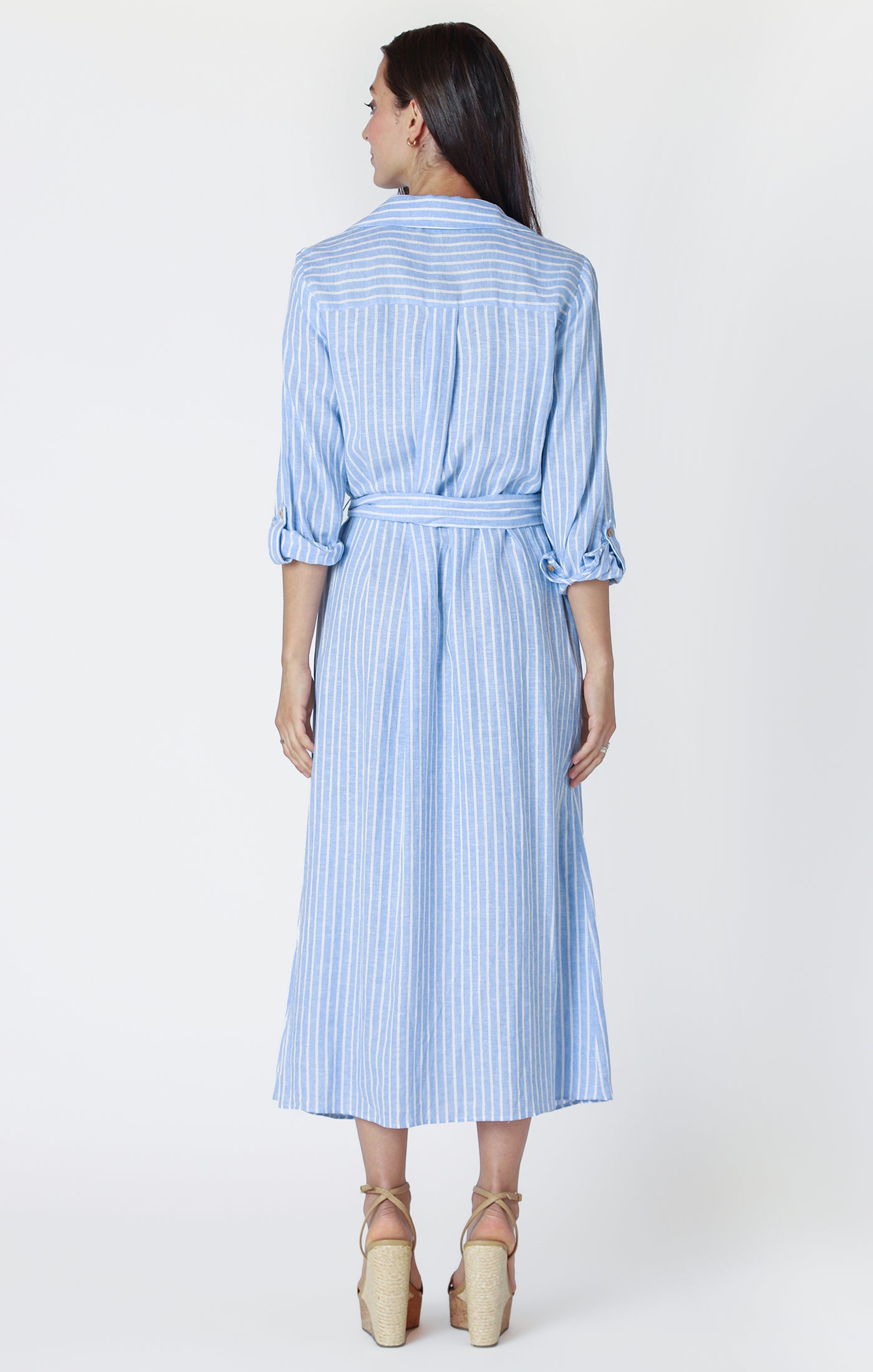 Belted Button Down Maxi Shirt Dress Chambray + White Stripe