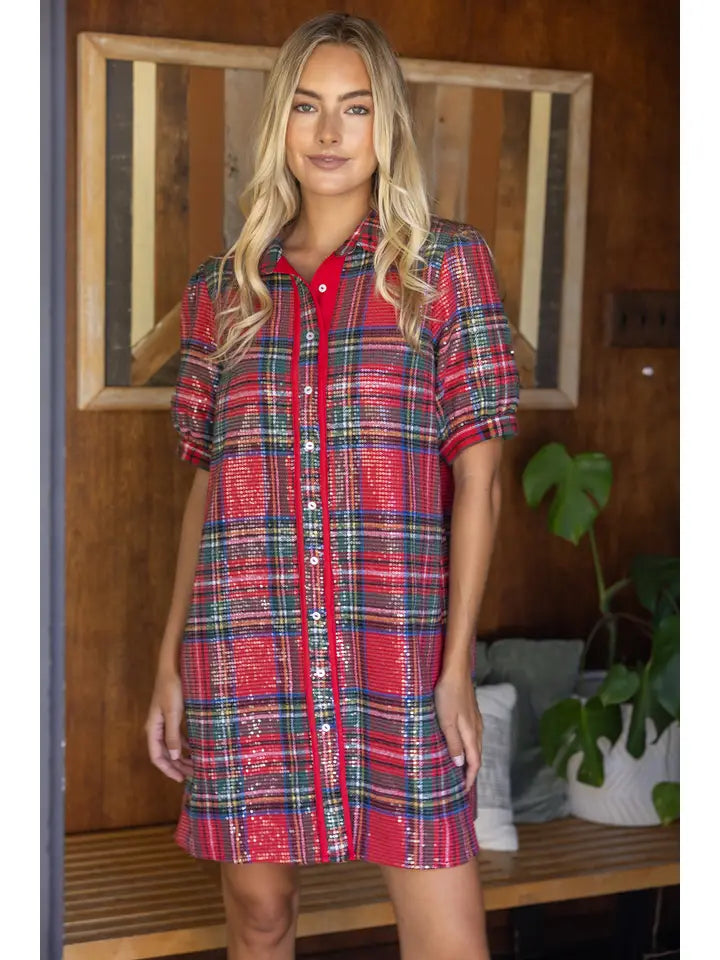 Tartan Plaid Sequin Puff Sleeve Dress