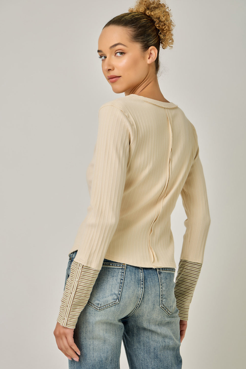 Varigated Rib Washed Pinstripe Cuff Top Cream
