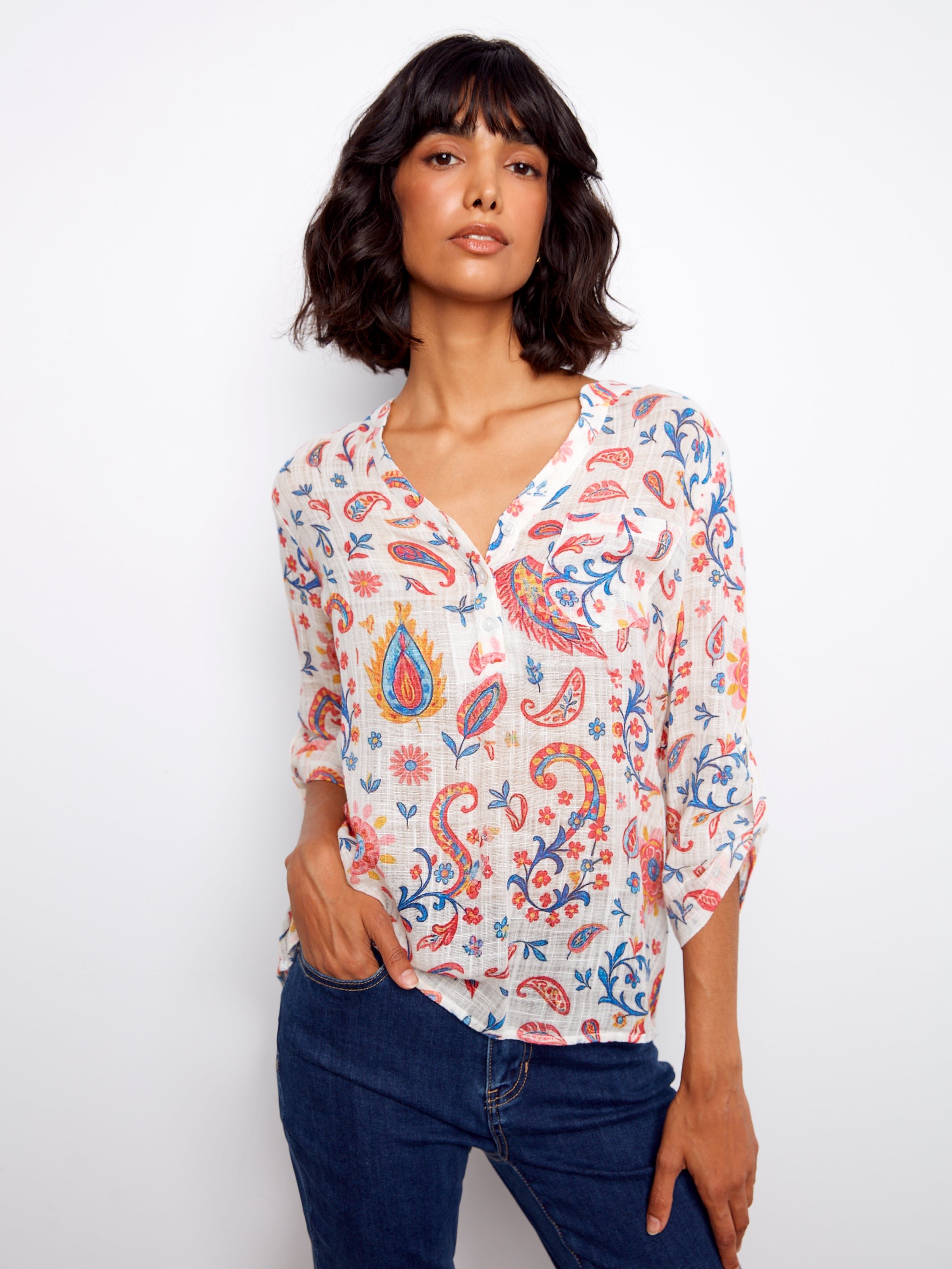 Printed Half Button Cotton Gauze Blouse Festive