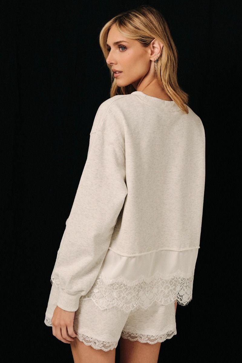 Round Neck Lace Trim Hem Sweatshirt Melange