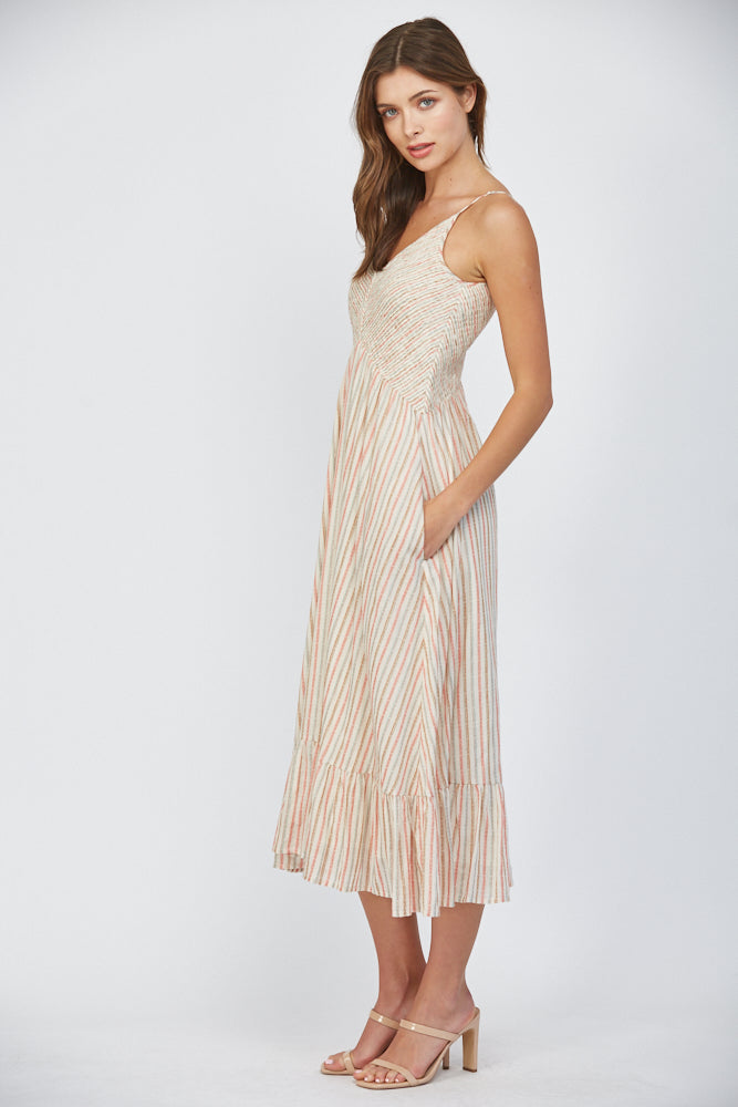 Stripe Smocked Bodice V Neck Dress Beige Multi