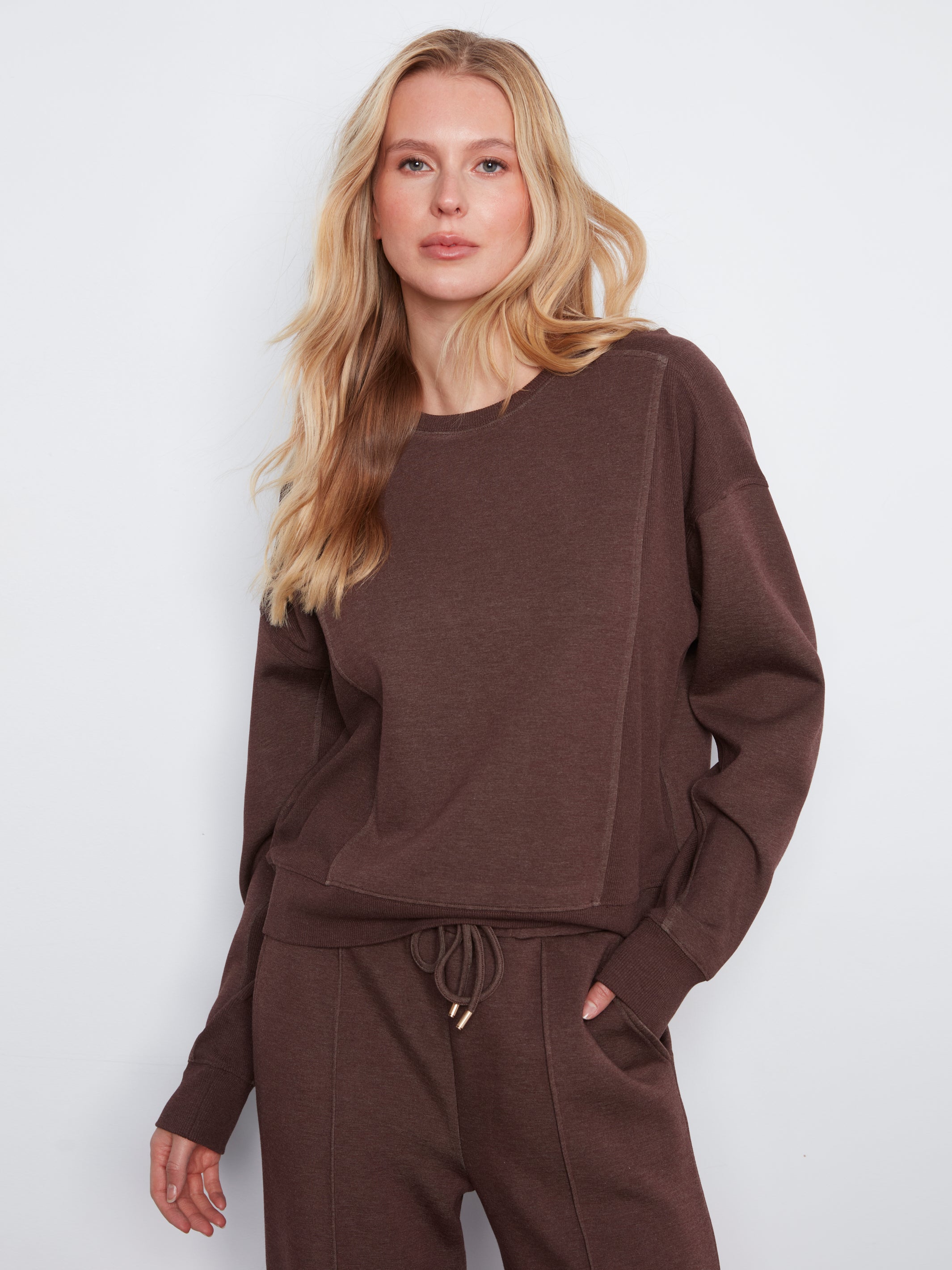 Soft Scuba Panel Crew Neck Long Sleeve Top Heather Espresso